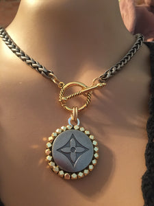 1.25” Louis V Logo Button Mixed Metals Necklace (only 1)