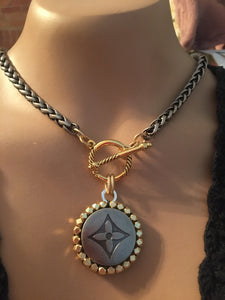 1.25” Louis V Logo Button Mixed Metals Necklace (only 1)