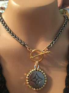 1.25” Louis V Logo Button Mixed Metals Necklace (only 1)