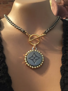 1.25” Louis V Logo Button Mixed Metals Necklace (only 1)