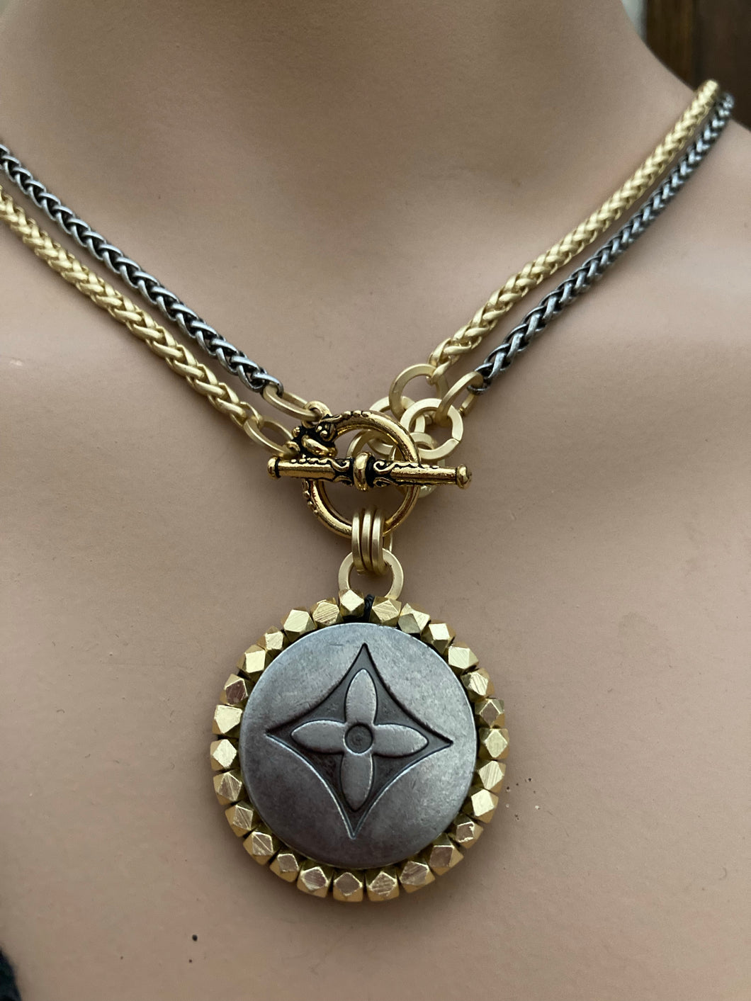 1.25” Louis V Logo Button Mixed Metals Necklace (only 1)