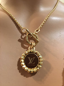 1” Louis V Brown & Gold Button Necklace