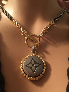 1.25” Louis V Logo Button Mixed Metals Necklace (only 1)