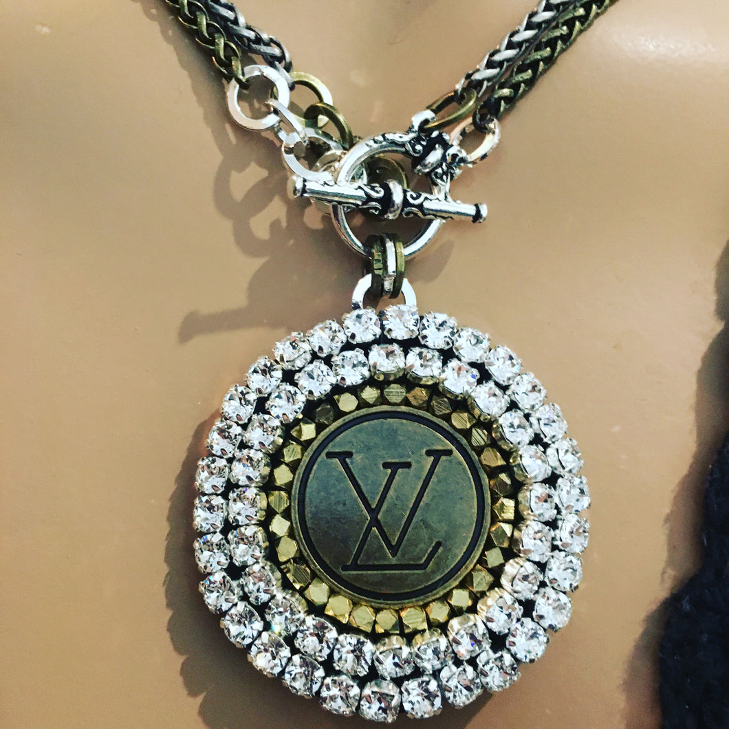 1” Louis V Button Bling Necklace - Wear Long or Short