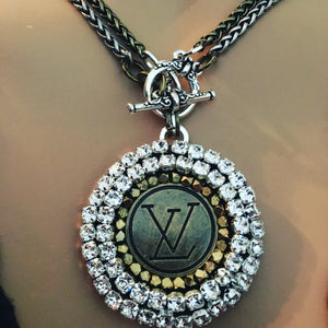 1” Louis V Button Bling Necklace - Wear Long or Short