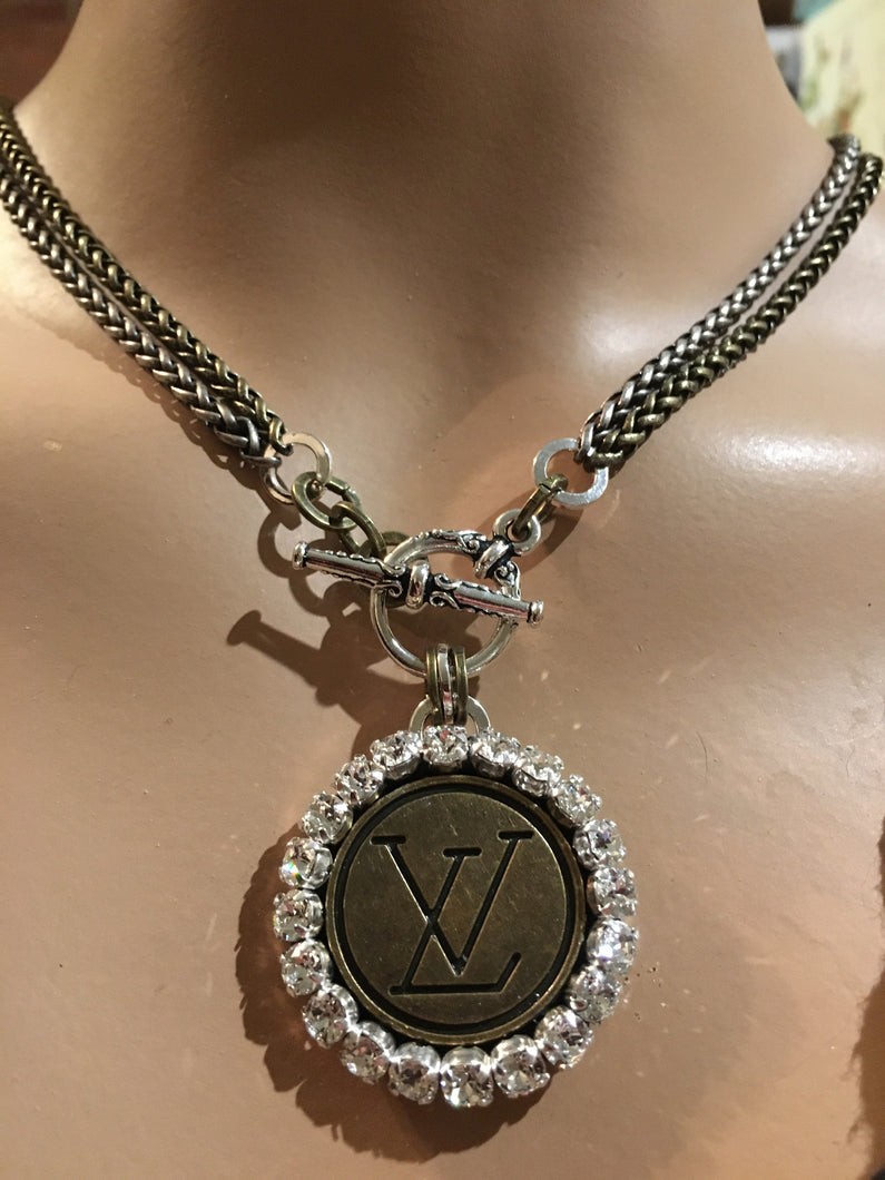 1” Louis V Button Bling Necklace - Wear Long or Short